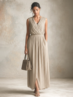 Khaki & White Striped V-Neck Side Slit Long Dress