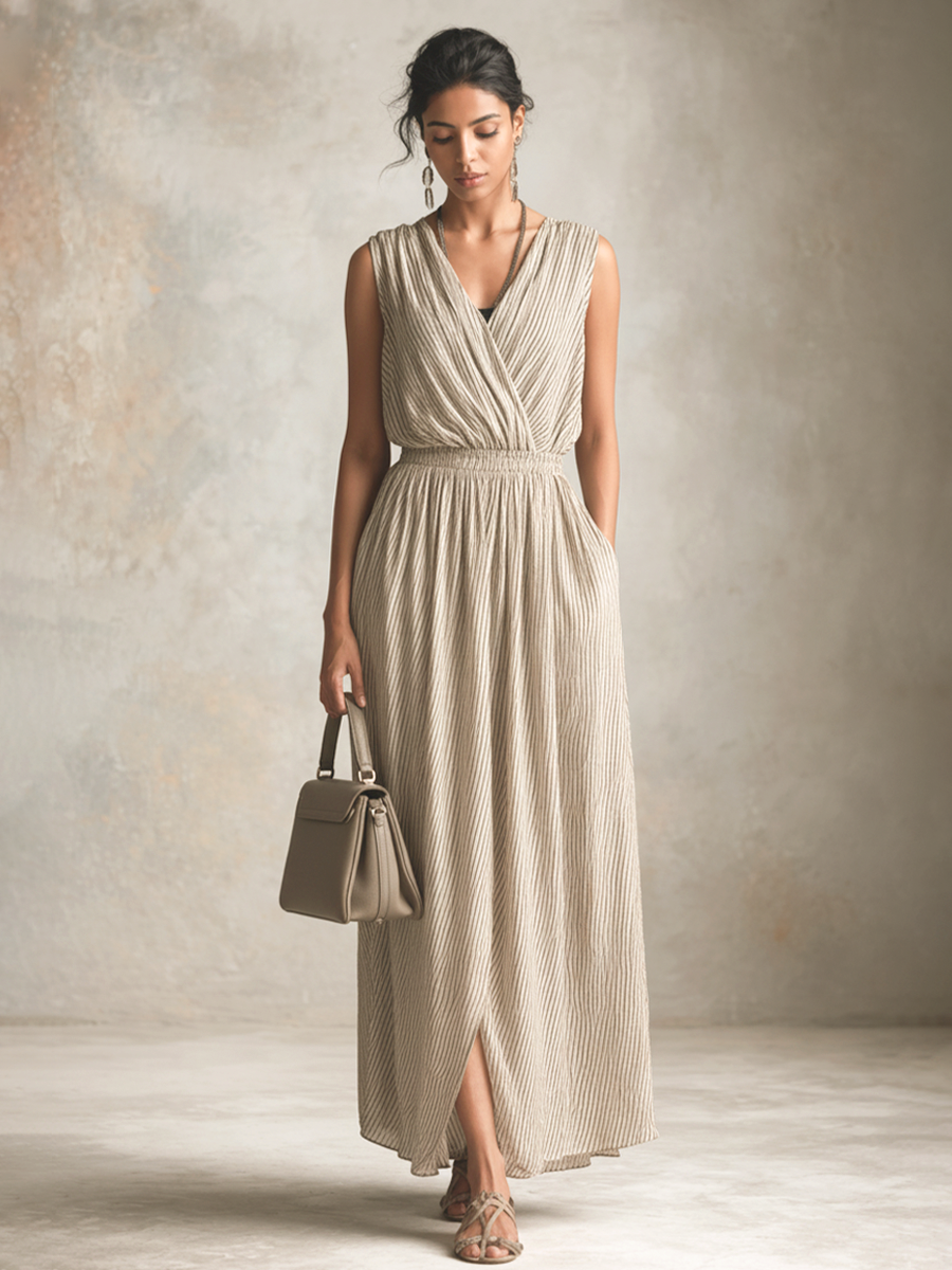 Khaki & White Striped V-Neck Side Slit Long Dress