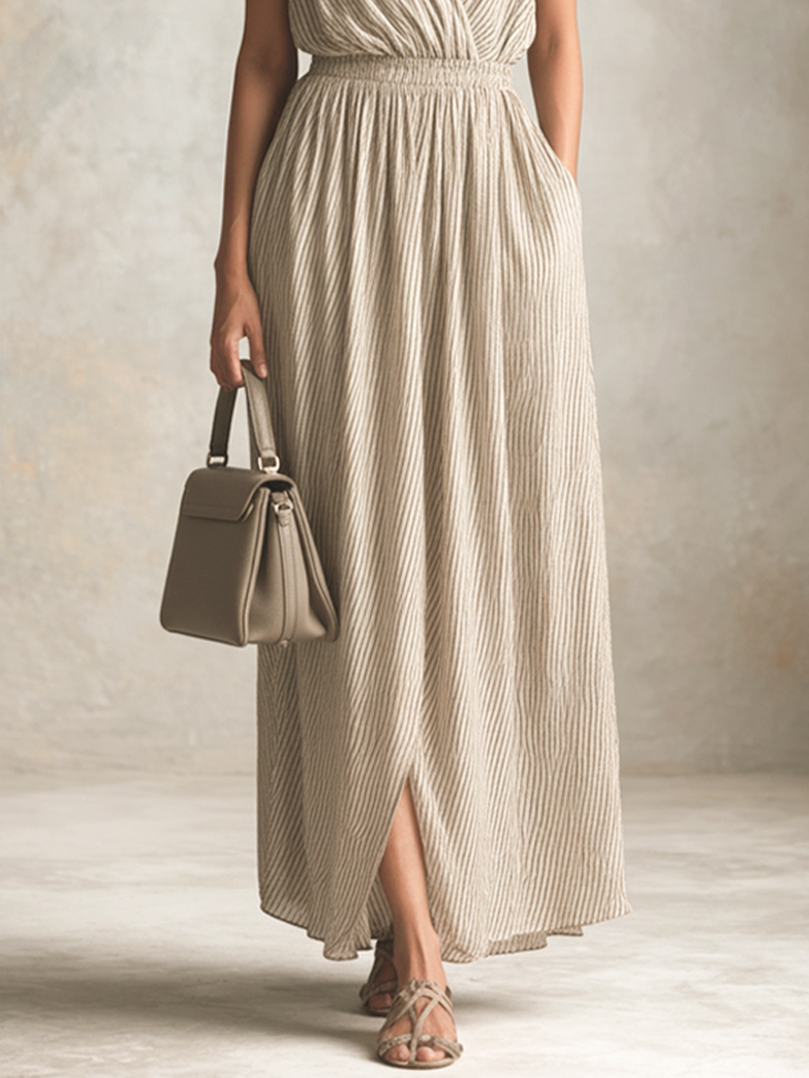 Khaki & White Striped V-Neck Side Slit Long Dress