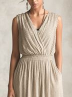 Khaki & White Striped V-Neck Side Slit Long Dress