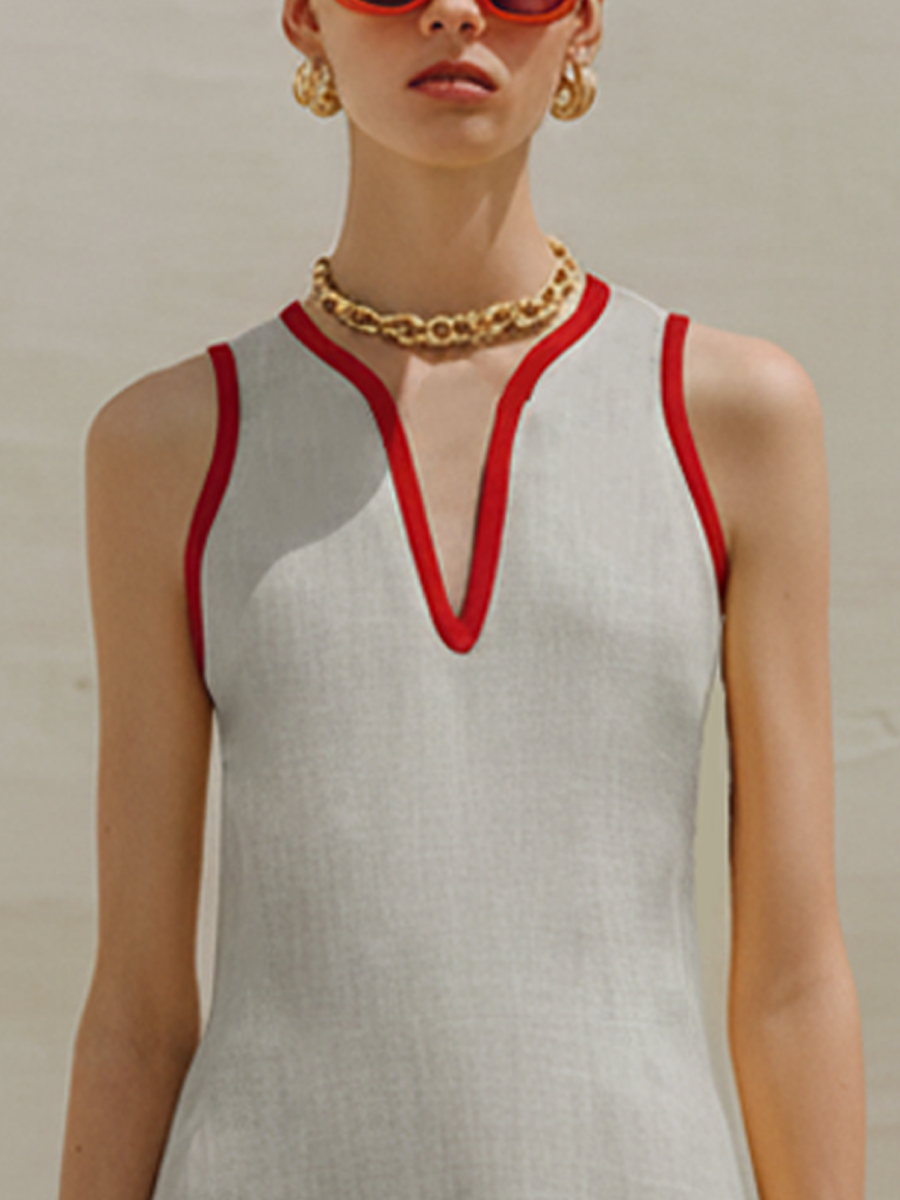 Gray & Red Color-Block Irregular V-Neck Mini Dress