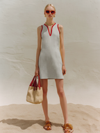 Gray & Red Color-Block Irregular V-Neck Mini Dress