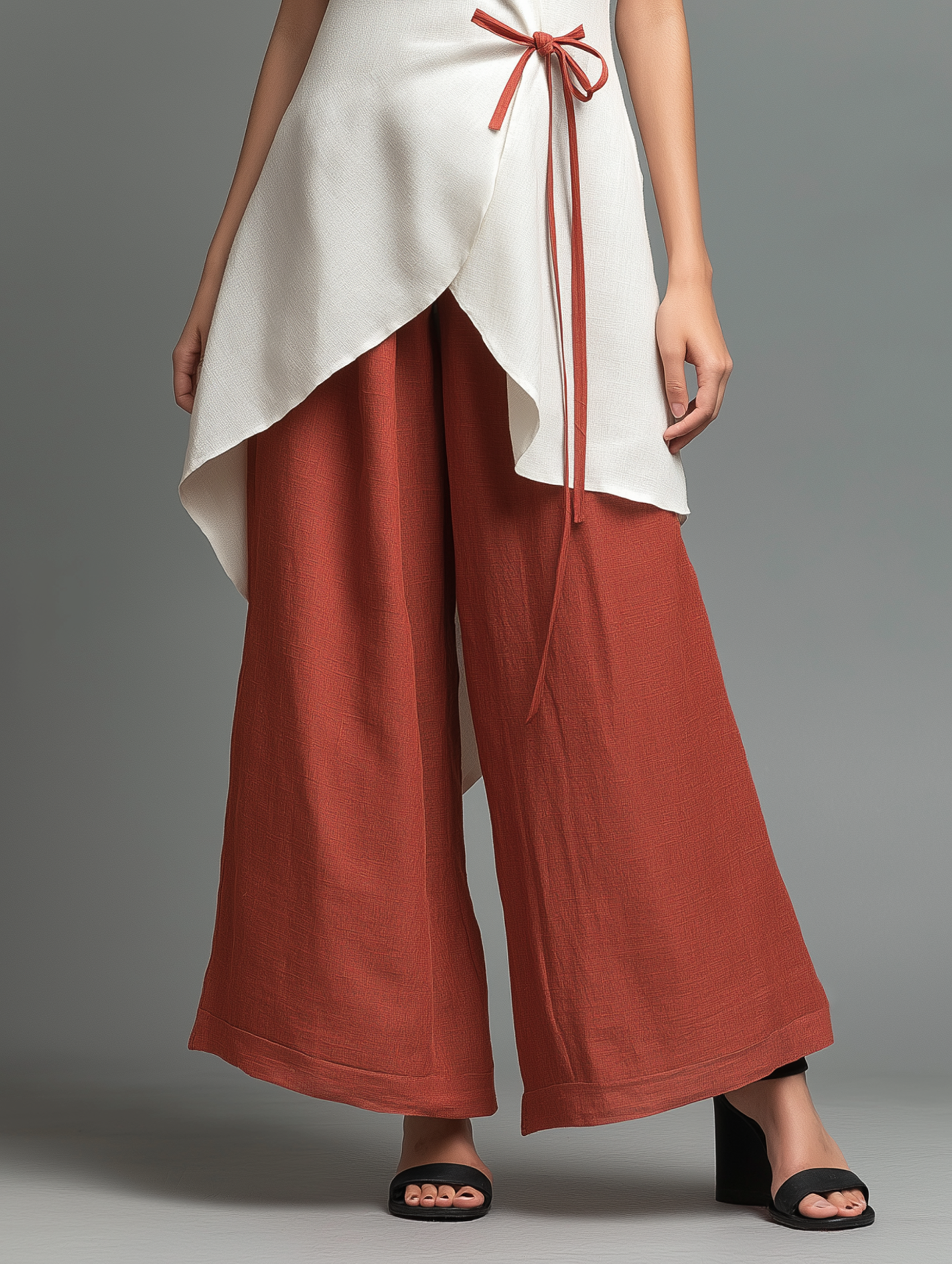 Linen Stand-Collar Tie-Waist Midi Shirt & Wide-Leg Set