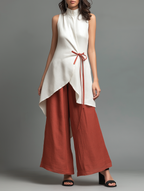 Linen Stand-Collar Tie-Waist Midi Shirt & Wide-Leg Set
