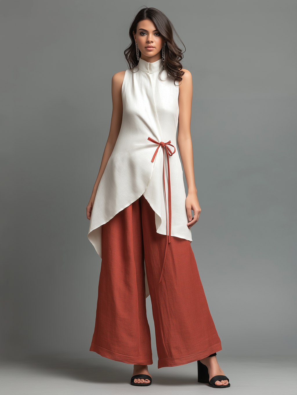 Linen Stand-Collar Tie-Waist Midi Shirt & Wide-Leg Set