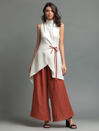Linen Stand-Collar Tie-Waist Midi Shirt & Wide-Leg Set