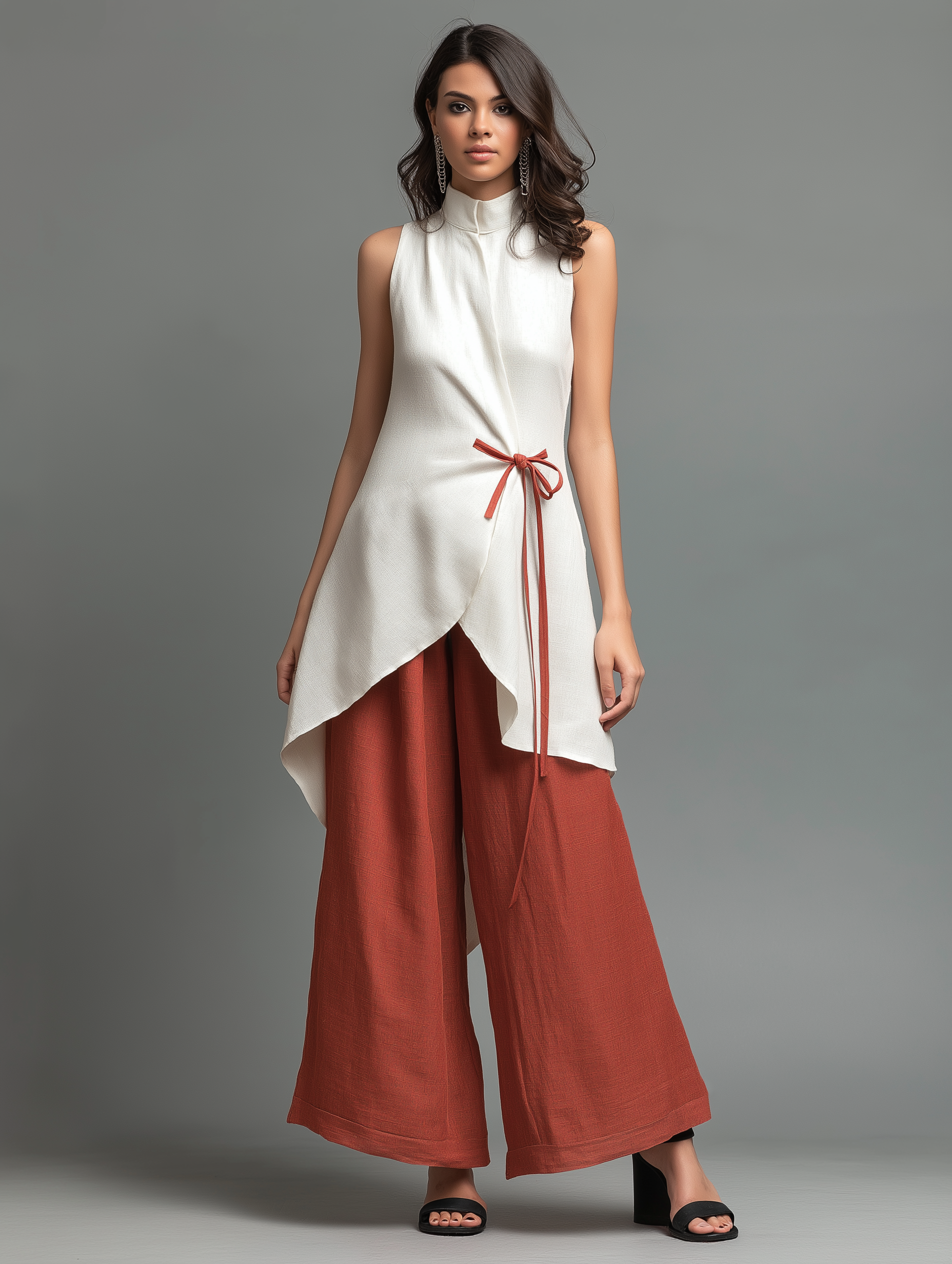 Linen Stand-Collar Tie-Waist Midi Shirt & Wide-Leg Set