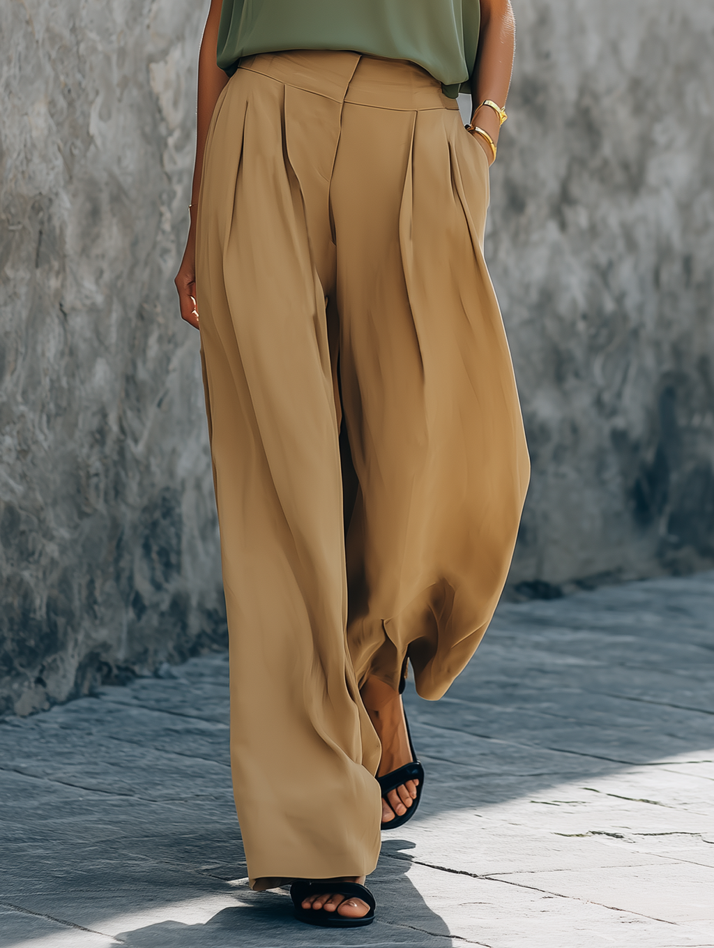Khaki Draped Wide-Leg Pants