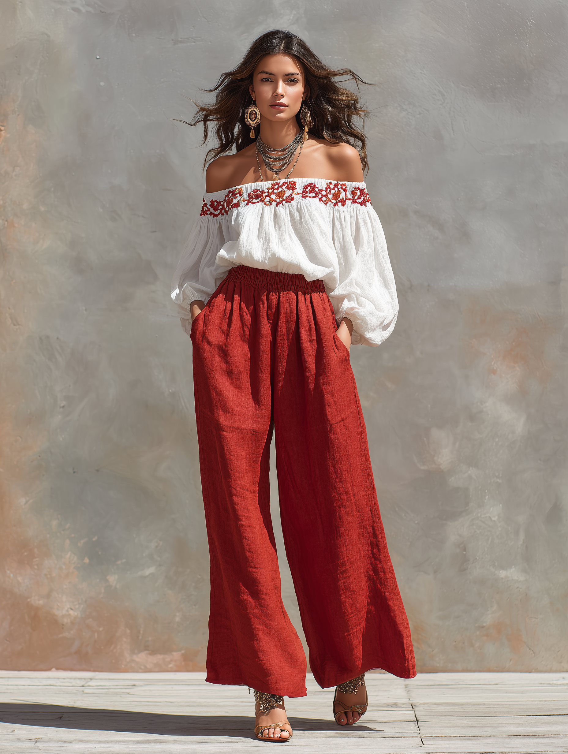 Linen Elastic-Waist Wide-Leg Pants