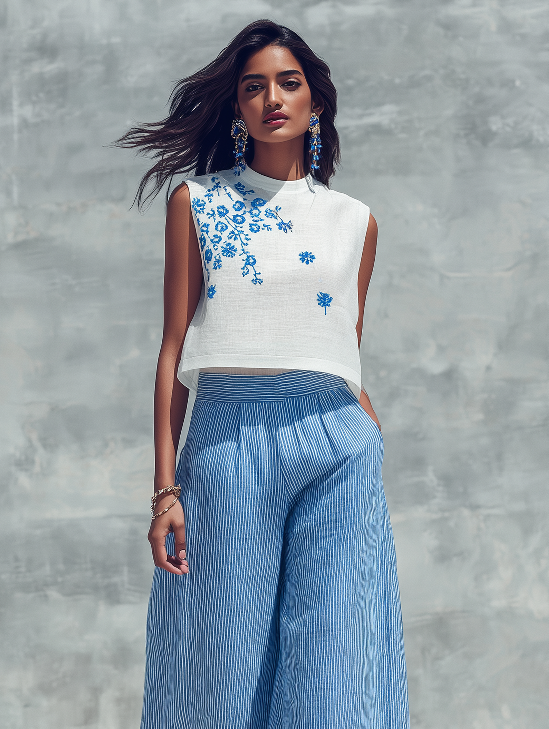 Crew-Neck Sleeveless Embroidered Blouse