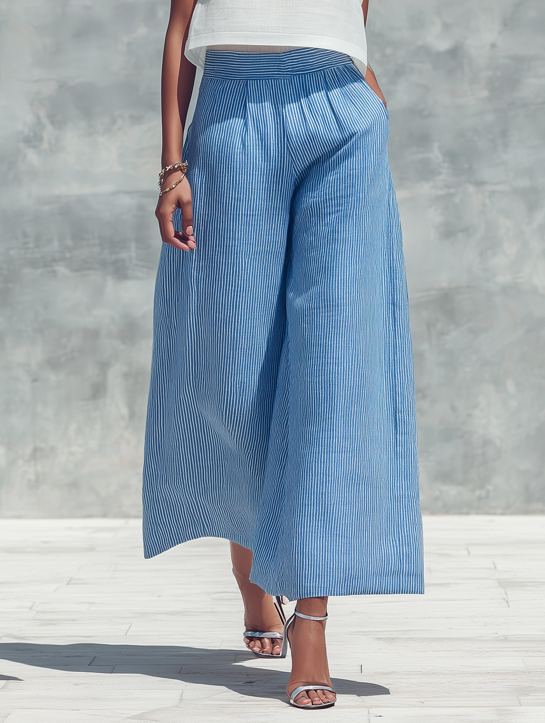 Cotton Pinstripe Cropped Wide-Leg Pants