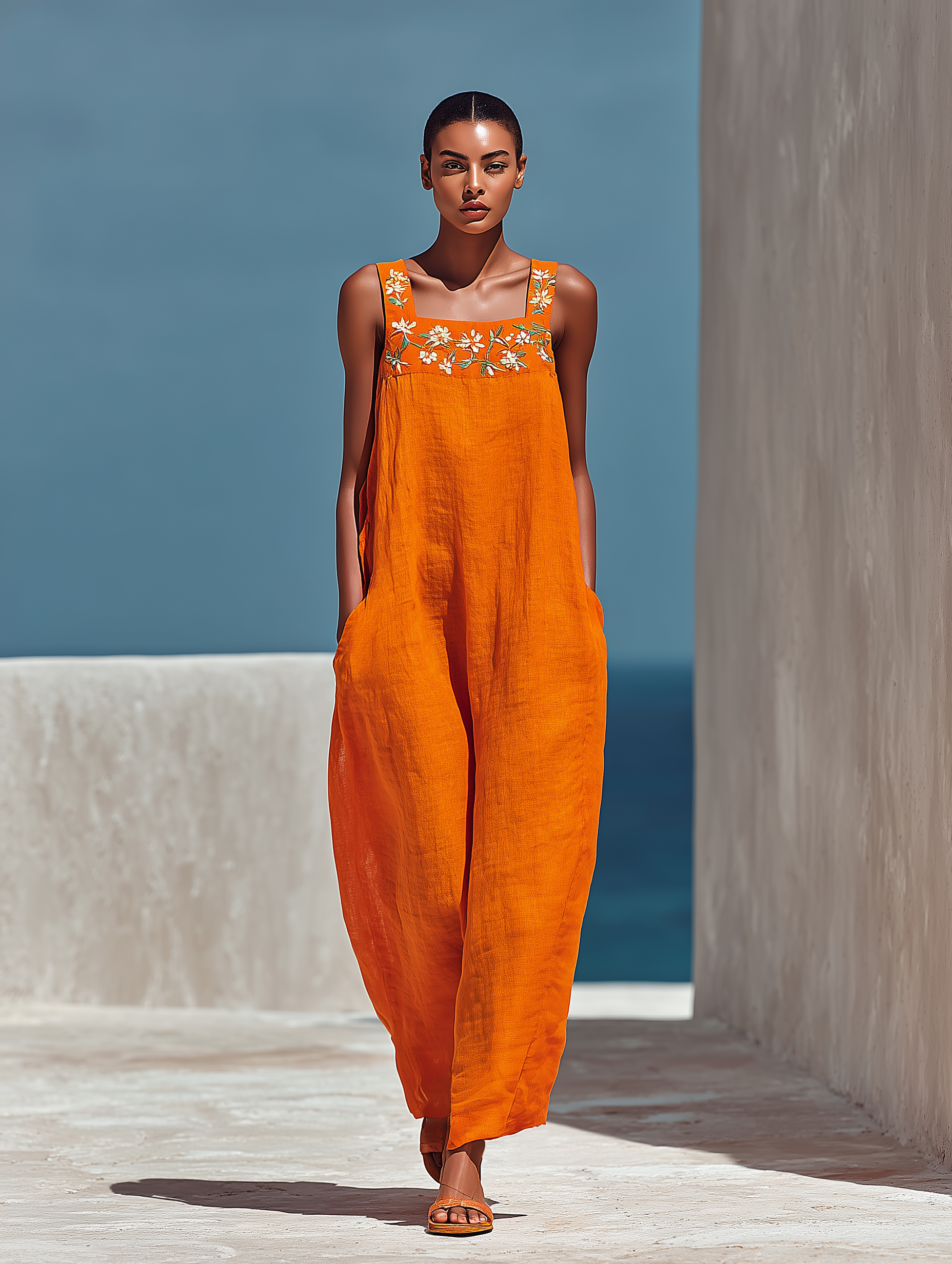 Orange Linen Floral Embroidered Wide-Leg Jumpsuit