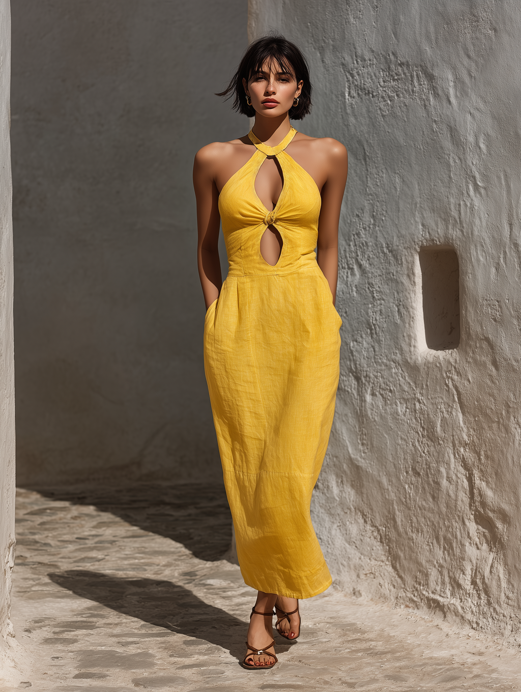 Mustard Halter Keyhole Twist Front Midi Dress