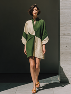 Green & Beige Colorblock Batwing Sleeve Mini Dress