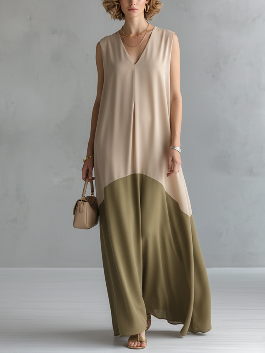 Women's Elegant Beige And Olive Green Chiffon-Paneled V-Neck Sleeveless Maxi Dress MDZ1187D7GMJ