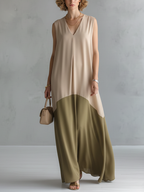 Women's Elegant Beige And Olive Green Chiffon-Paneled V-Neck Sleeveless Maxi Dress MDZ1187D7GMJ