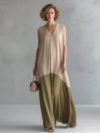 Women's Elegant Beige And Olive Green Chiffon-Paneled V-Neck Sleeveless Maxi Dress MDZ1187D7GMJ