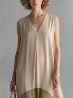 Women's Elegant Beige And Olive Green Chiffon-Paneled V-Neck Sleeveless Maxi Dress MDZ1187D7GMJ