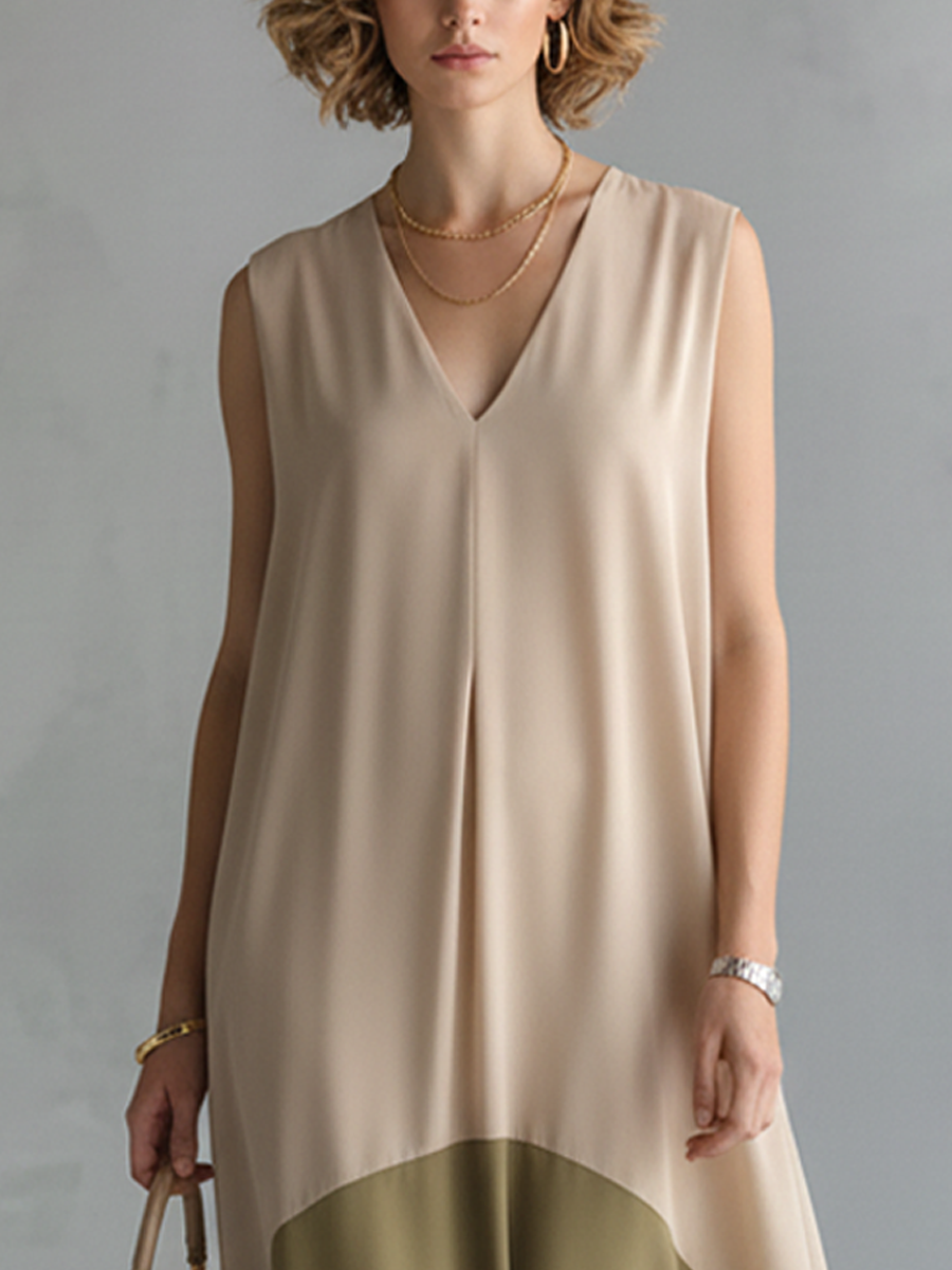 Women's Elegant Beige And Olive Green Chiffon-Paneled V-Neck Sleeveless Maxi Dress MDZ1187D7GMJ