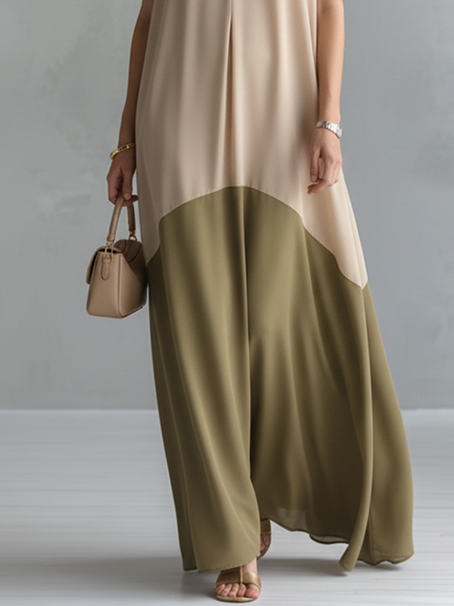 Women's Elegant Beige And Olive Green Chiffon-Paneled V-Neck Sleeveless Maxi Dress MDZ1187D7GMJ