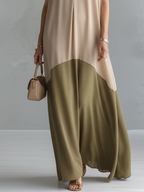 Women's Elegant Beige And Olive Green Chiffon-Paneled V-Neck Sleeveless Maxi Dress MDZ1187D7GMJ