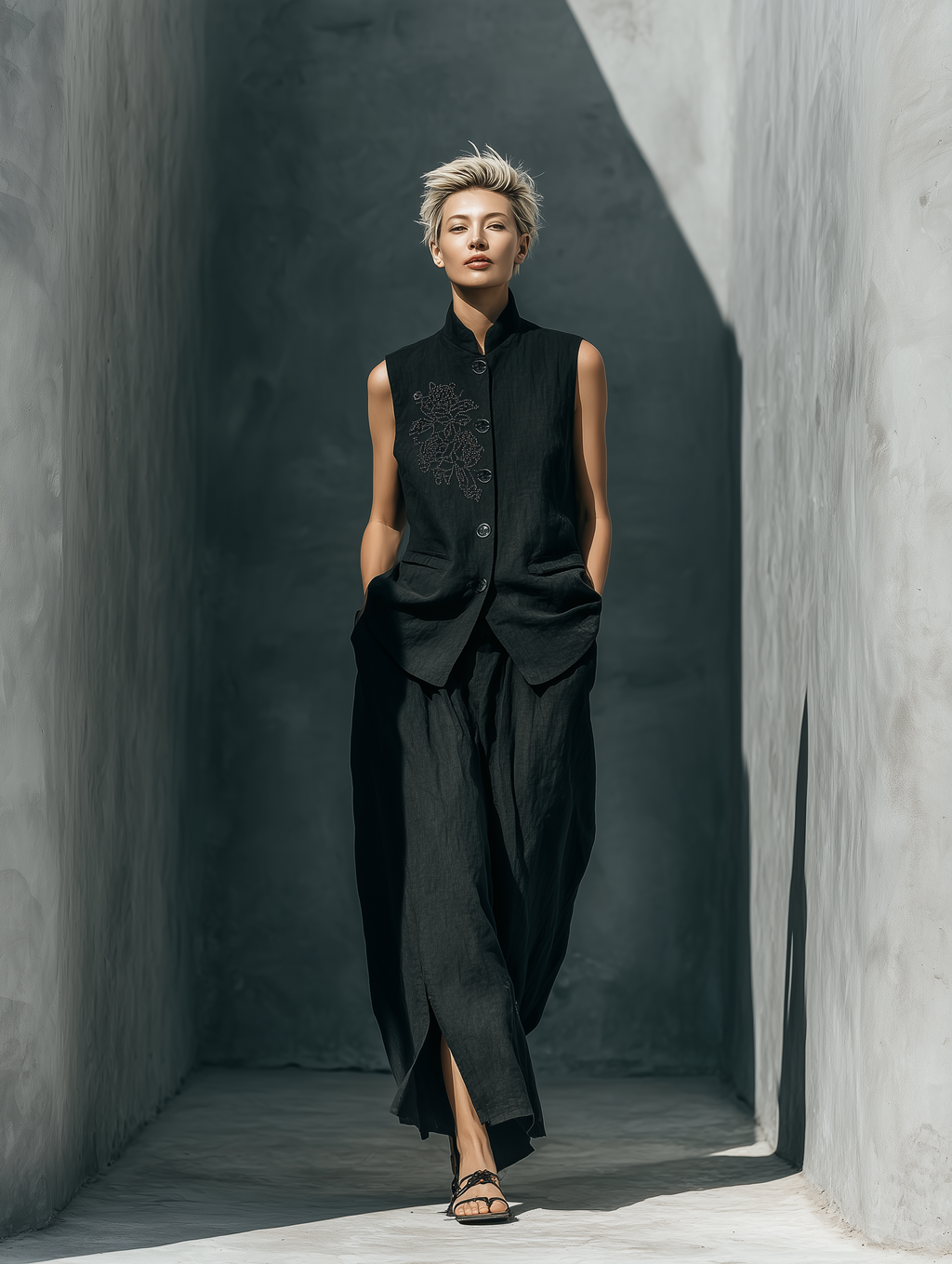 Black Floral Embroidered Stand Collar Vest & Skirt Set