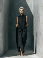 Black Floral Embroidered Stand Collar Vest & Skirt Set