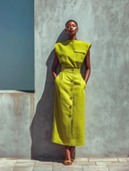 Lemon Green Linen Sleeveless Top & Button-Front Midi Skirt Set