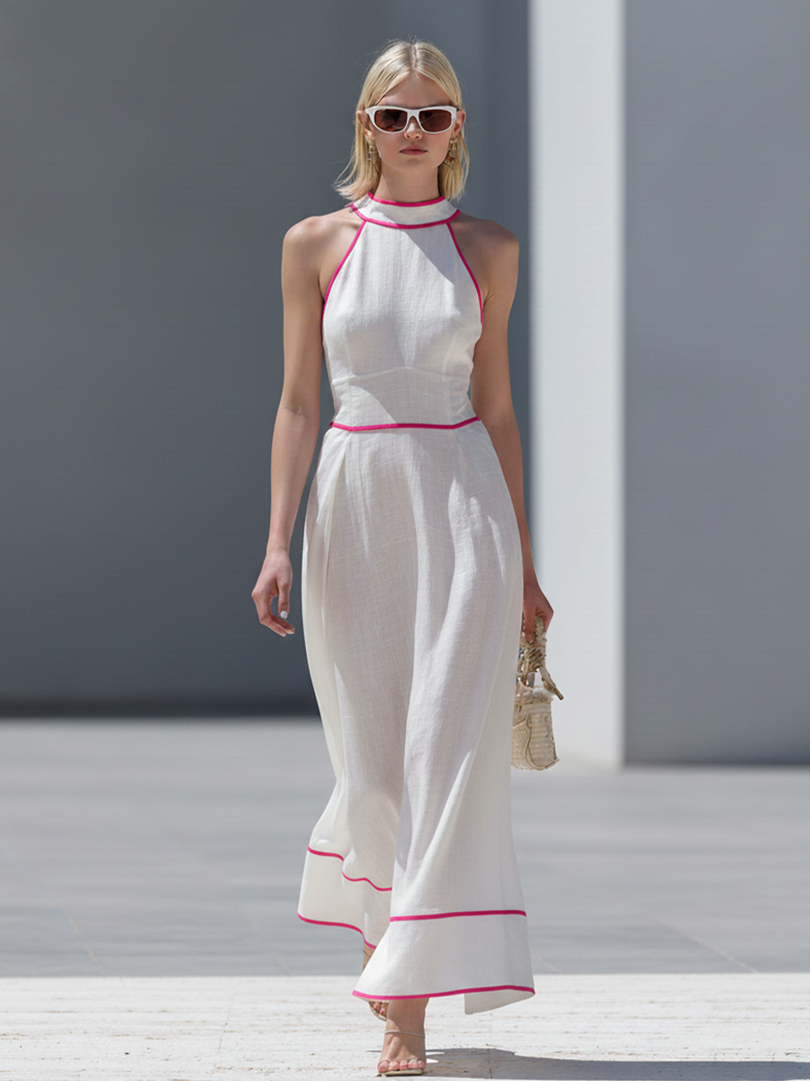 Women's Elegant White Cotton-Linen Maxi Dress — Halter Neck, Empire Waist, With Pink Piping MDZ1183D0GMJ