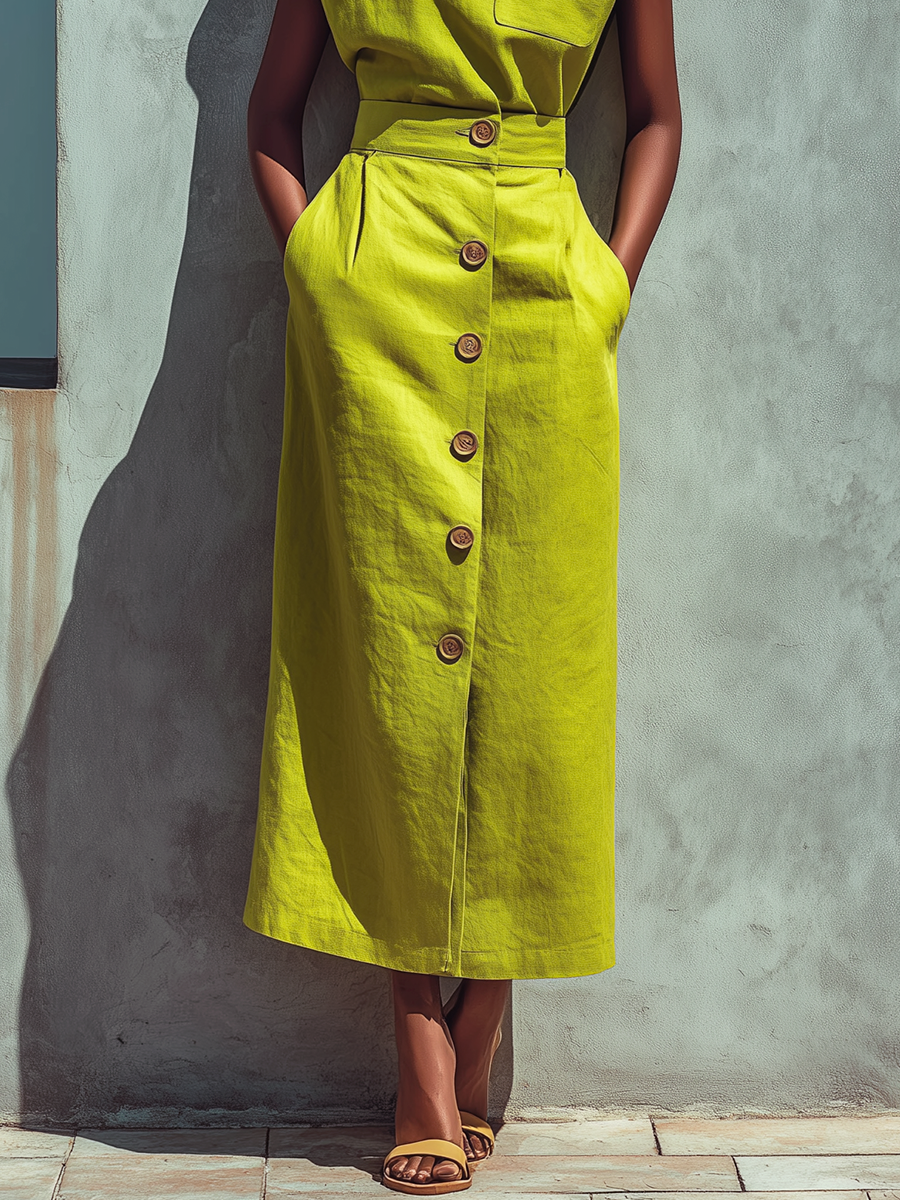 Lemon Green Linen Sleeveless Top & Button-Front Midi Skirt Set