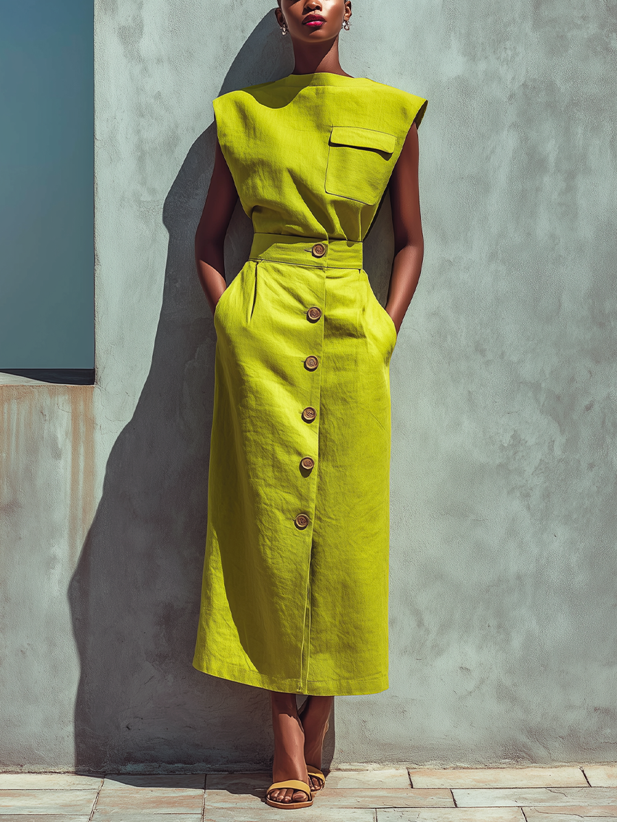 Lemon Green Linen Sleeveless Top & Button-Front Midi Skirt Set