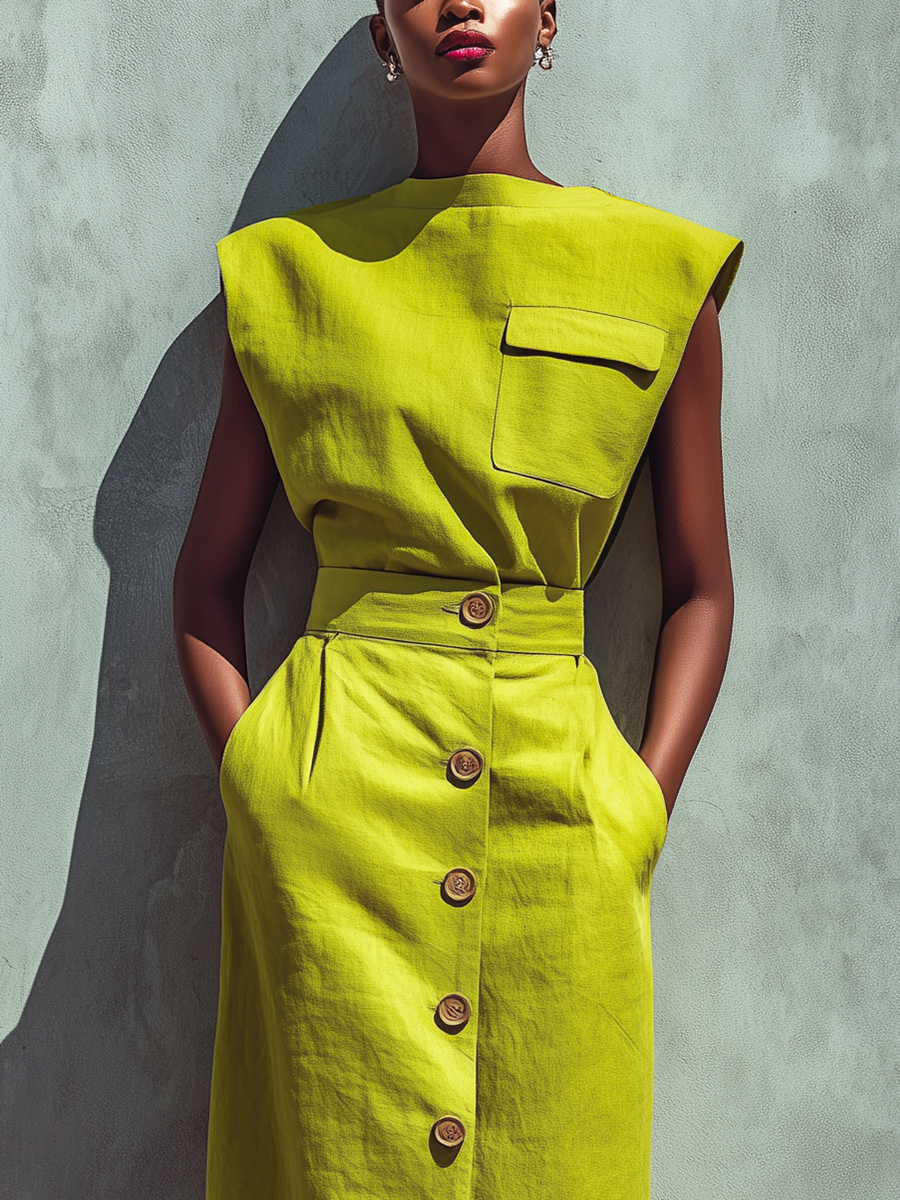 Lemon Green Linen Sleeveless Top & Button-Front Midi Skirt Set
