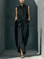 Black Floral Embroidered Stand Collar Vest & Skirt Set