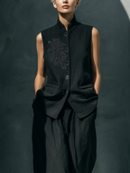 Black Floral Embroidered Stand Collar Vest & Skirt Set