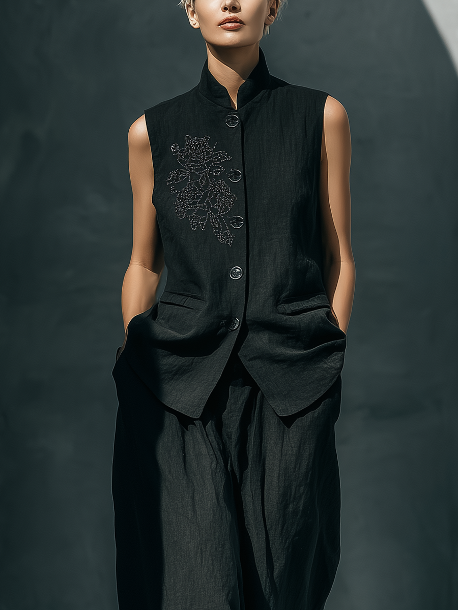 Black Floral Embroidered Stand Collar Vest & Skirt Set