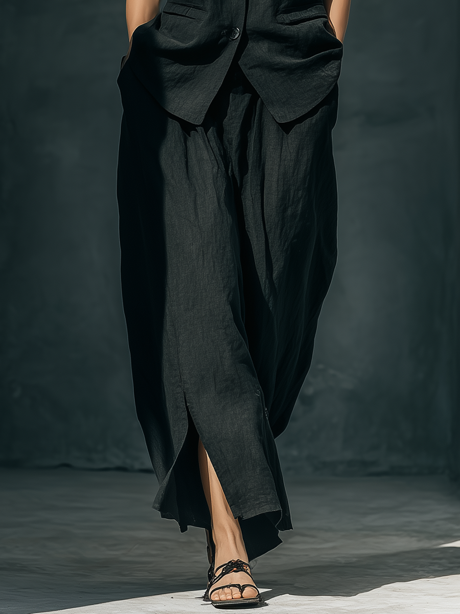 Black Floral Embroidered Stand Collar Vest & Skirt Set