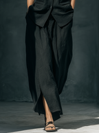 Black Floral Embroidered Stand Collar Vest & Skirt Set