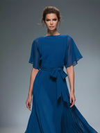 Women's Royal Blue Chiffon Maxi Dress With Flutter Sleeves & Self-Tie Waist, Timeless Elegant-Evening Style Dress MDZ1355D9LYL