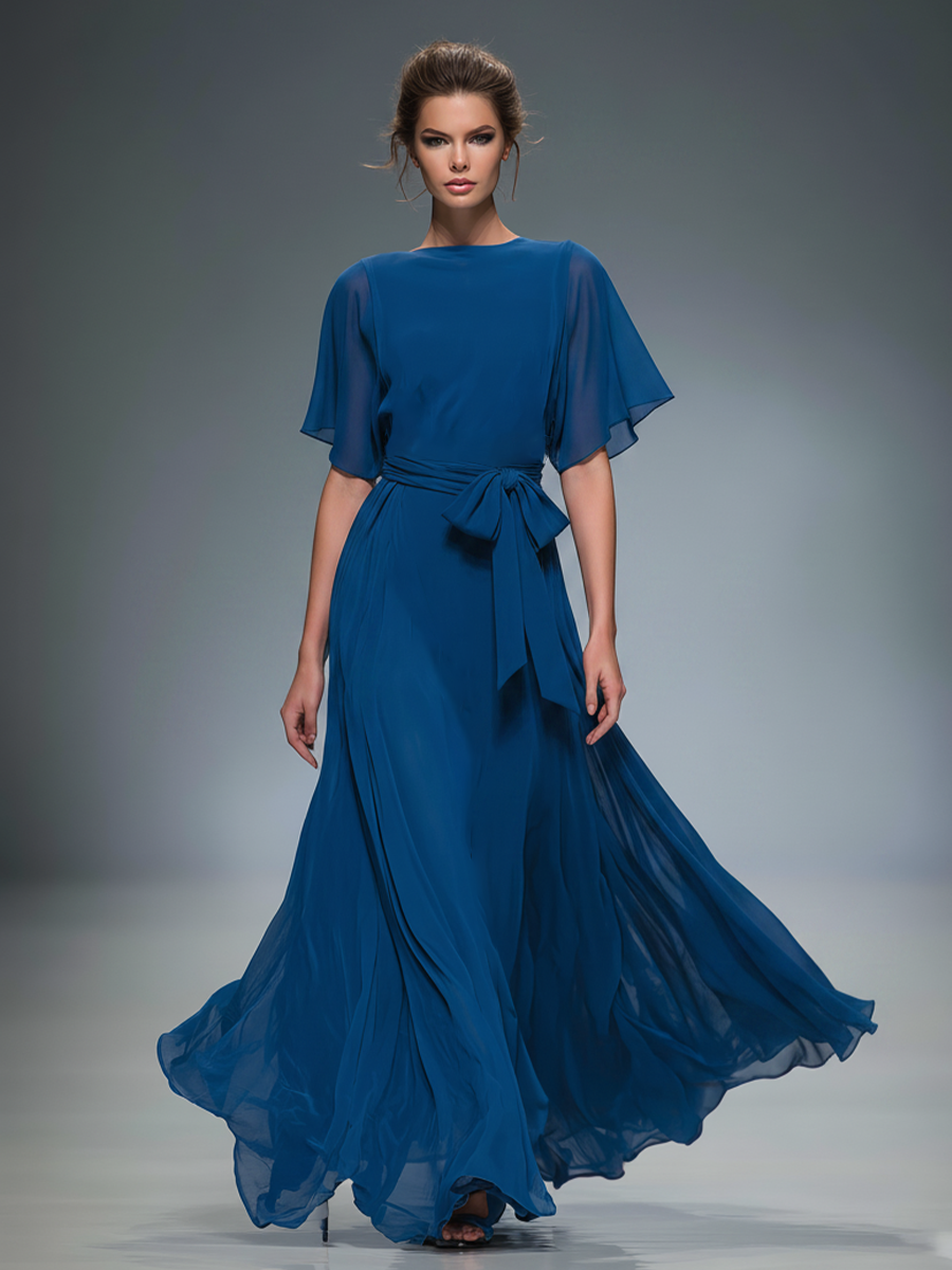 Women's Royal Blue Chiffon Maxi Dress With Flutter Sleeves & Self-Tie Waist, Timeless Elegant-Evening Style Dress MDZ1355D9LYL