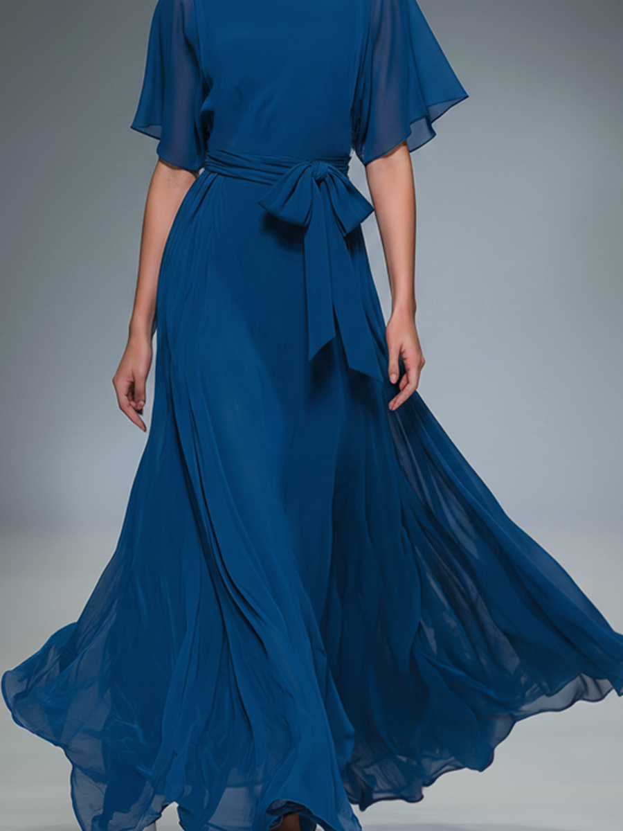 Women's Royal Blue Chiffon Maxi Dress With Flutter Sleeves & Self-Tie Waist, Timeless Elegant-Evening Style Dress MDZ1355D9LYL