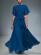 Women's Royal Blue Chiffon Maxi Dress With Flutter Sleeves & Self-Tie Waist, Timeless Elegant-Evening Style Dress MDZ1355D9LYL