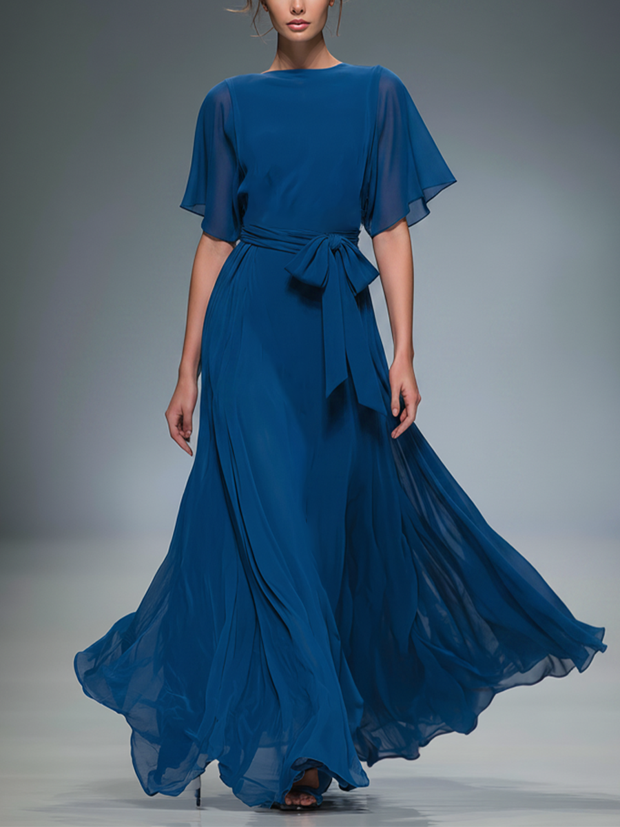 Women's Royal Blue Chiffon Maxi Dress With Flutter Sleeves & Self-Tie Waist, Timeless Elegant-Evening Style Dress MDZ1355D9LYL