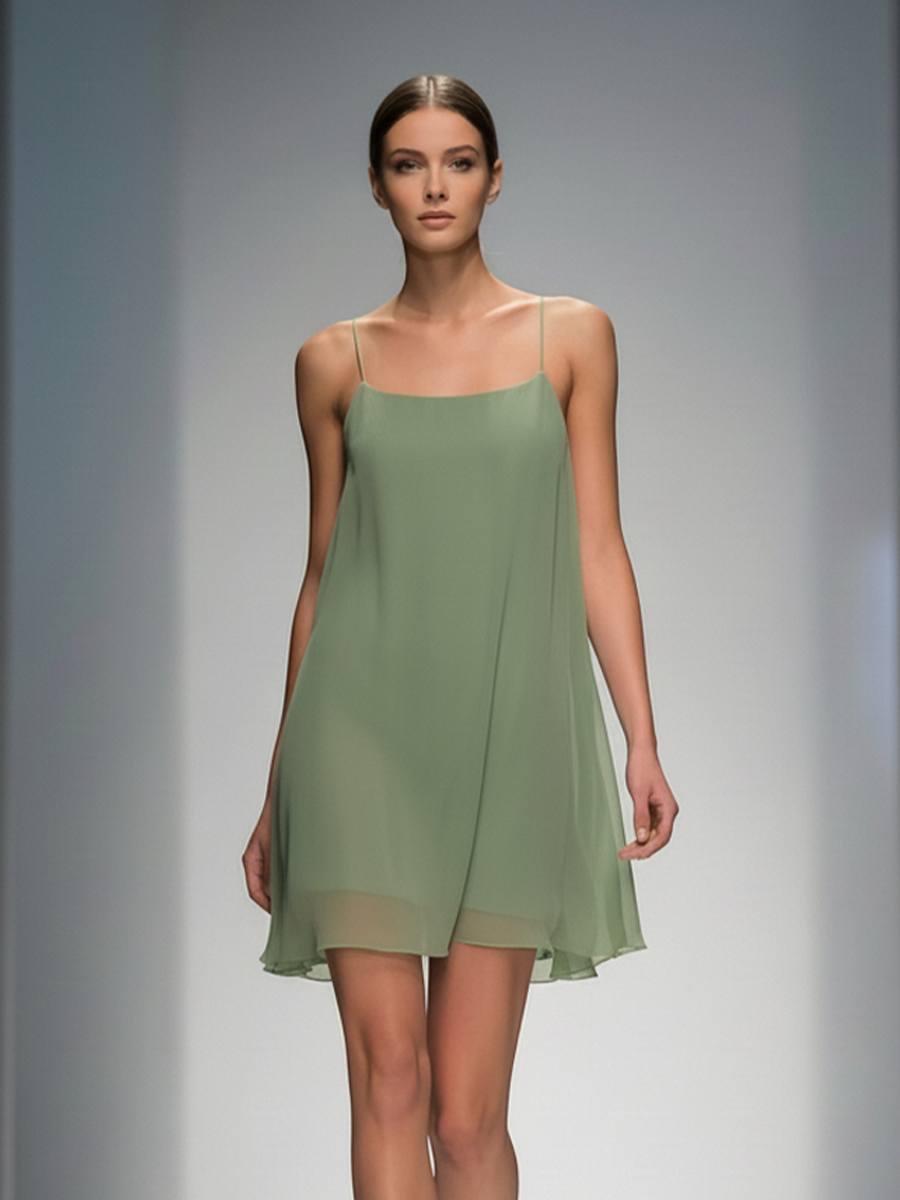 Women's Sage Green Sheer Chiffon Mini Dress With Square Neck & Relaxed Fit, Modern Feminine-Elegant Style Dress MDZ1342D3LYL