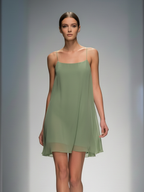 Women's Sage Green Sheer Chiffon Mini Dress With Square Neck & Relaxed Fit, Modern Feminine-Elegant Style Dress MDZ1342D3LYL