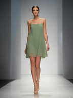 Women's Sage Green Sheer Chiffon Mini Dress With Square Neck & Relaxed Fit, Modern Feminine-Elegant Style Dress MDZ1342D3LYL