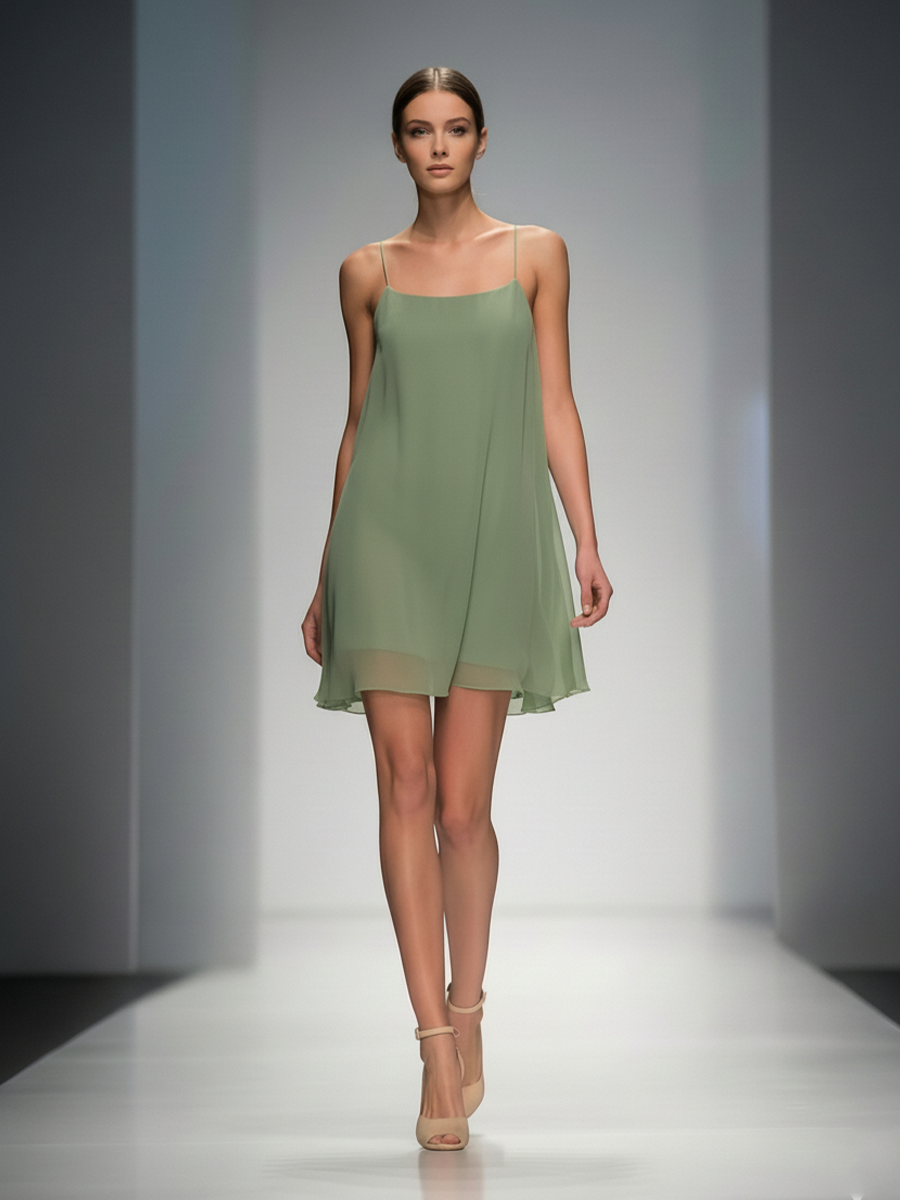 Women's Sage Green Sheer Chiffon Mini Dress With Square Neck & Relaxed Fit, Modern Feminine-Elegant Style Dress MDZ1342D3LYL