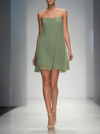 Women's Sage Green Sheer Chiffon Mini Dress With Square Neck & Relaxed Fit, Modern Feminine-Elegant Style Dress MDZ1342D3LYL