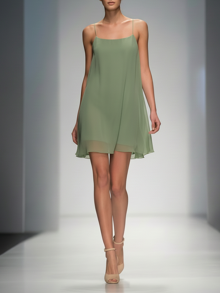 Women's Sage Green Sheer Chiffon Mini Dress With Square Neck & Relaxed Fit, Modern Feminine-Elegant Style Dress MDZ1342D3LYL