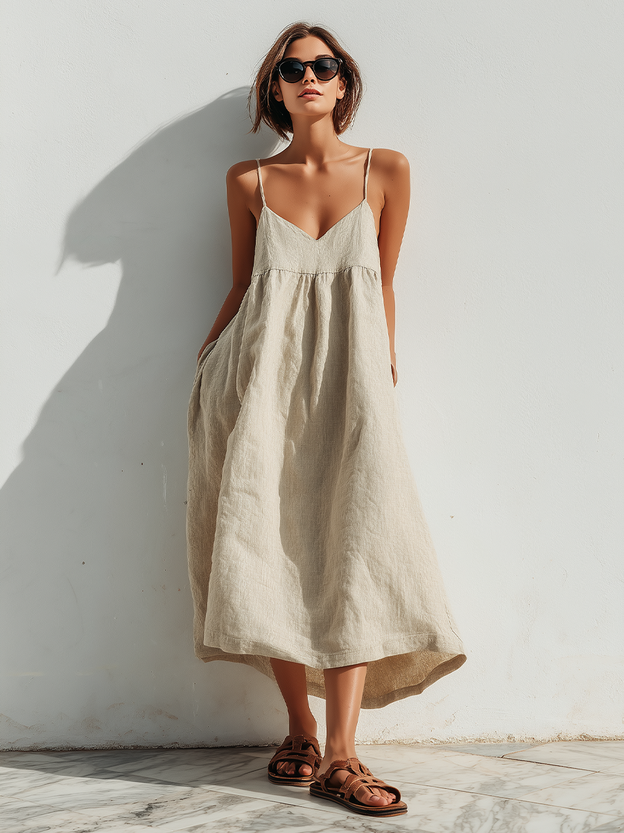 Linen Swing Dress With Asymmetric Hem