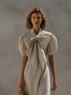 Women's Beige Linen Maxi Dress With Statement Neck Bow & Puff Sleeves, Timeless Feminine-Elegant Style Dress MDZ1316D0LYL